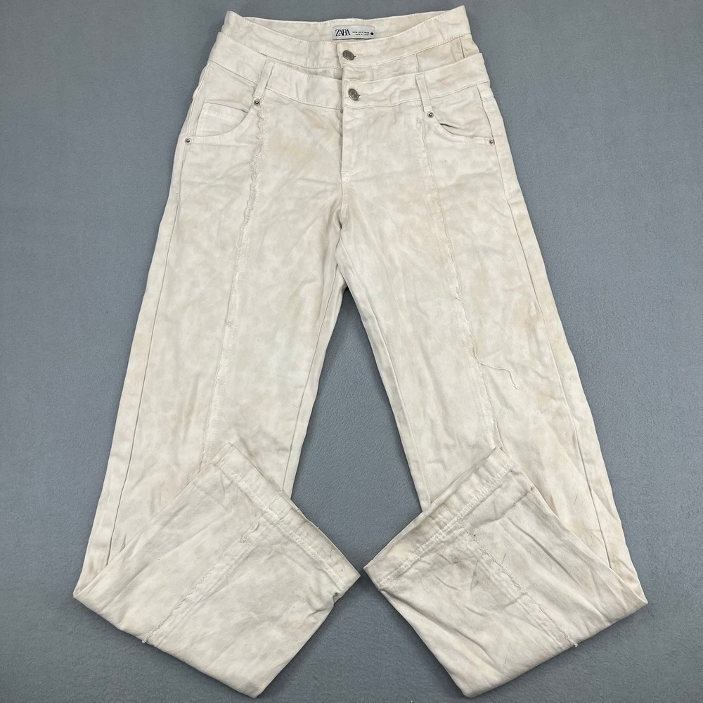 Zara Woman ZW Double Waistband Straight Leg Jeans Off White Cream Womens Size 4